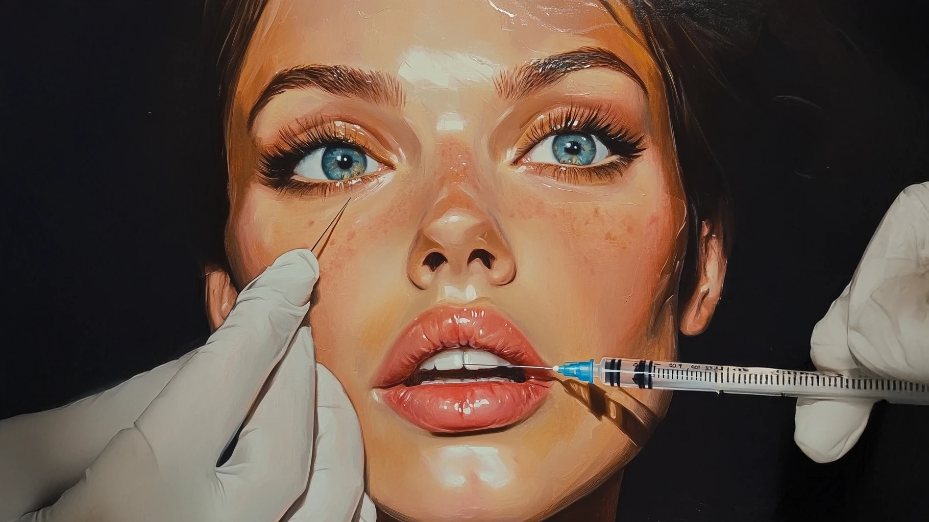 A close-up of a woman’s face with blue eyes, receiving cosmetic treatments. Two gloved hands are seen with a needle and syringe near her nose and lips. - Meyer Clinic